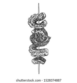 Chinese food. Tentacles of octopus on a skewer. Sketch. Engraving style. Vector illustration.