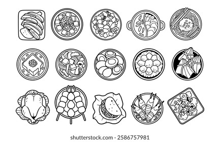 Chinese food top view outline vector illustration set