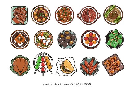 Chinese food top view vector illustration set