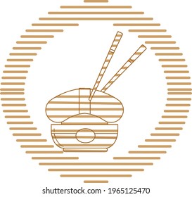 Chinese food, vector image in brown lines with circular shape and white background.