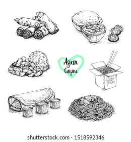 Chinese food, vector sketch illustration. Set of isolated hand drawn china and asian meal. Restaurant or cafe menu design elements.Idia,Thailand,Korea,Japan food.