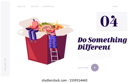 Chinese Food Website Landing Page. Tiny People Sitting on Huge Takeaway Wok Box with Noodles and Vegetables. Man and Woman Having Asian Lunch Meal Web Page Banner. Cartoon Flat Vector Illustration