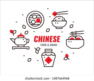 Chinese foods and drink, cuisine, recipes banner. Flat design vector illustration