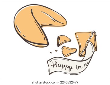 Chinese fortune cookie in flat style. Broken cookies with good wishes. Asian traditional food. Vector illustration isolated on white background.