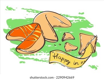 Chinese fortune cookie in flat style. Cookies with colored icing and green background. Asian traditional food. Vector illustration for any design.