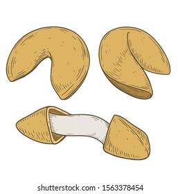 Chinese fortune cookie set in engraving hand drawn sketch style. Lucky cookie Isolated on white background vector illustration.