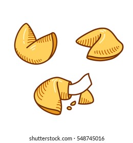 Chinese fortune cookie set in hand drawn sketch style. Isolated vector illustration.