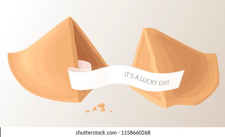 Chinese fortune cookie whit label . Prediction tell that the day will be happy. Vector illustration