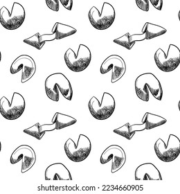 Chinese fortune cookies black and white seamless pattern. Chinese food. design for fashion , fabric, textile, wallpaper, cover. Sketch style vector illustration.