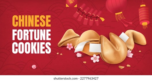 Chinese fortune cookies with blank papers for prediction realistic poster with lanterns and flowers on red background vector illustration