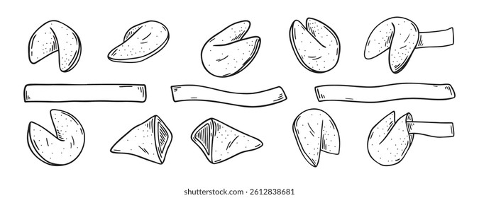 Chinese fortune cookies doodle hand drawn icon set. Outline drawing Chinese fortune cookies line clipart symbol collection. Vector illustration