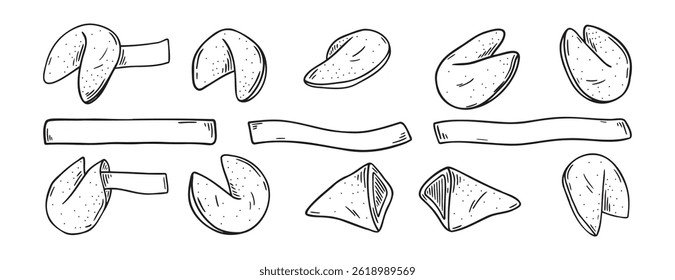 Os biscoitos da sorte chineses rabiscam o conjunto de ícones desenhados à mão. Desenho de esboço Coleção de símbolos de clipart de linha de biscoitos da sorte chineses. Ilustração vetorial