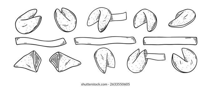 Os biscoitos da sorte chineses rabiscam o conjunto de ícones desenhados à mão. Desenho de esboço Coleção de símbolos de clipart de linha de biscoitos da sorte chineses. Ilustração vetorial