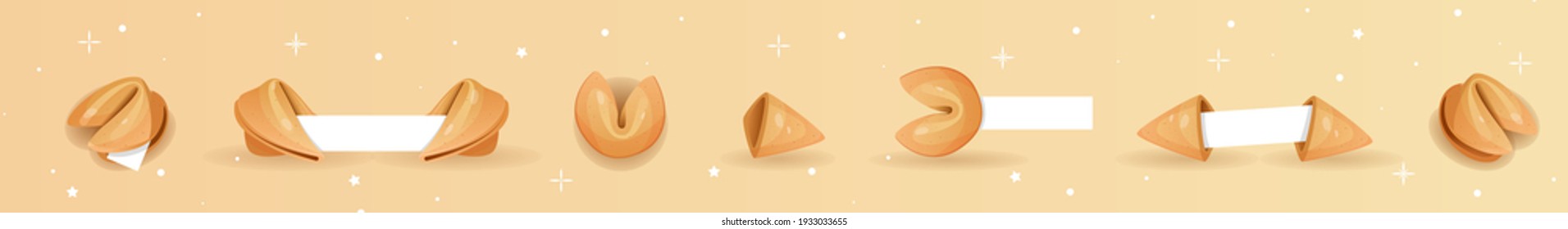 Chinese fortune cookies flat food vector cartoon set on colors background with elements of stars. Fortune cookies with blank paper template. open and closed chinese fortune cookies Vector illustration