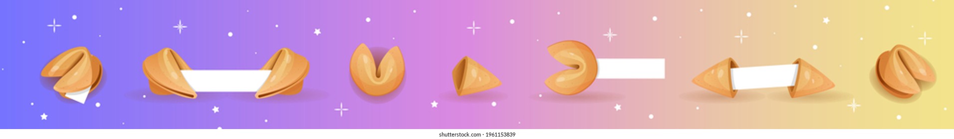 Chinese fortune cookies flat food vector cartoon set on colors background with elements of stars. Fortune cookies with blank paper template. open and closed Chinese fortune cookies Vector illustration