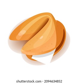 Chinese fortune cookies flat food vector cartoon set on white background. Fortune cookies with blank paper template. open and closed Chinese fortune cookies Vector illustration