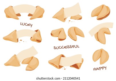 Chinese fortune cookies with greeting message collection vector flat illustration. Set open and closed crispy biscuit treat blank paper isolated. Prediction, lucky advice, opportunity wisdom dessert