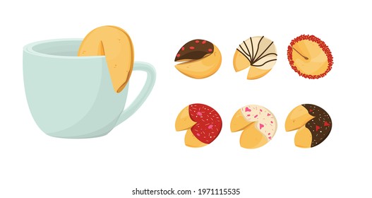 Chinese fortune cookies on a white background. Set cartoon. Mug with cookies. Pink, red, chocolate. Vector illustration. Isolated objects