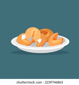 Chinese fortune cookies in a plate. Vector illustration in trendy flat style isolated on dark background