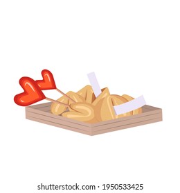 Chinese fortune cookies and red hearts candy in a wooden box. Pastries with white templates, pieces of paper for good luck. A set of festive sweets as a gift for a loved one. Vector food illustration