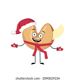 Chinese fortune cookies Santa character with happy emotion, joyful face, smile eyes, arms and legs with scarf and mittens. Festive sweets for Christmas and New year. Vector illustration