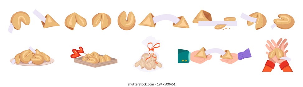 Chinese fortune cookies set of elements. Baking with white templates, pieces of paper of good luck. Holiday sweets on a plate, in a box and gift. Male and female hands share cookies with a note