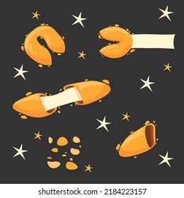 Chinese fortune cookies set. Flat Vector illustration. Food, dessert, good fortune theme.  Isolated on white background