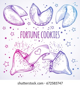 Chinese fortune cookies set. Hand-drawn linear style vector food elements isolated. Print, poster, menu template.
