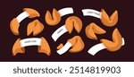 Chinese fortune cookies set. Lucky Cinese biscuits with future predictions, messages on papers. Chance and destiny, Japan bakery. Sweet cracked open Cinesi luck snacks. Flat vector illustrations