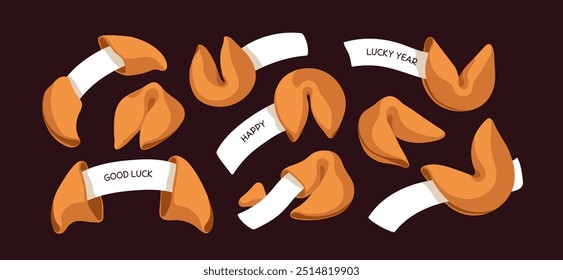 Chinese fortune cookies set. Lucky Cinese biscuits with future predictions, messages on papers. Chance and destiny, Japan bakery. Sweet cracked open Cinesi luck snacks. Flat vector illustrations