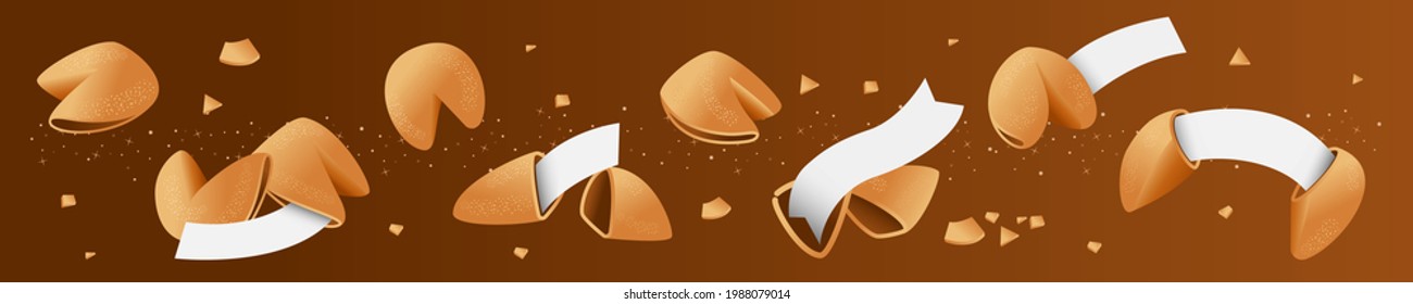 Galletas de la fortuna chinas. Establecer: abrir y cerrar galletas de la fortuna. En la cookie tienen una plantilla de papel en blanco, escriba sus deseos. Vector, aislado.