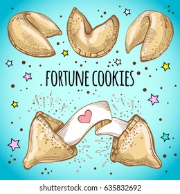 Chinese fortune cookies set. Sketch style vector illustration