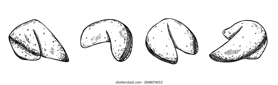 Chinese fortune cookies vector hand drawn set isolated on white backgrounds. Food illustration. For print, web, design, decor, logo.