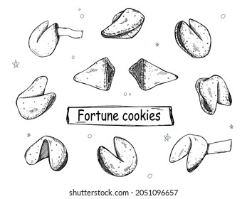 Chinese fortune cookies vector hand drawn set isolated on white backgrounds. Food illustration. Crisp cookie with a blank piece of paper inside. For print, web, design, decor, logo.