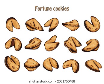 Chinese fortune cookies vector hand drawn set isolated on white backgrounds. Colorful food illustration. Crisp cookie with a blank piece of paper inside. For print, web, design, decor, logo.