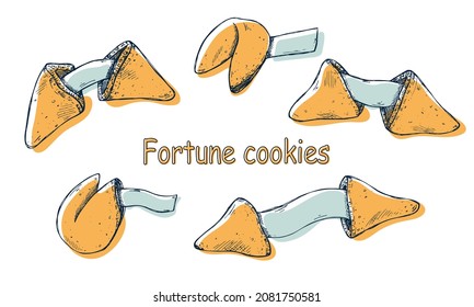 Chinese fortune cookies vector hand drawn set isolated on white backgrounds. Colorful food illustration. Crisp cookie with a blank piece of paper inside. For print, web, design, decor, logo.