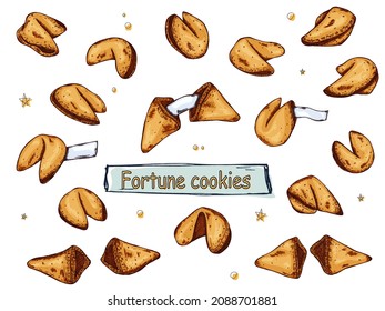 Chinese fortune cookies vector hand drawn set isolated on white backgrounds. Colorful food illustration. Crisp cookie with a blank piece of paper inside. For print, web, design, decor, logo.