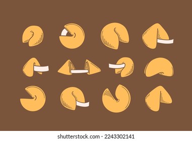 Chinese fortune cookies vector illustration. Chinese New year dessert prophecy cookie in doodle style.