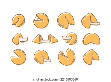 Ilustración vectorial de galletas de la fortuna chinas. Galleta de profecía de postre china de Año Nuevo al estilo de doodle.