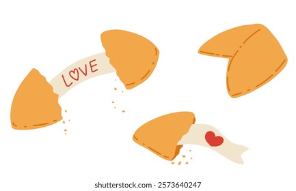 Chinese fortune cookies vector illustration. Chinese New year dessert. Valentine Day love cookie. Cartoon hand drawn set on white background