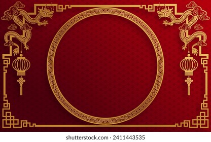Chinese frame border for happy chinese new year 2024 year of the dragon zodiac sign with flower,lantern,asian elements gold and red paper cut style on color background. 