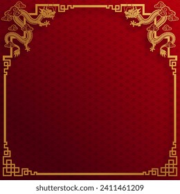 Chinese frame border for happy chinese new year 2024 year of the dragon zodiac sign with flower,lantern,asian elements gold and red paper cut style on color background. 