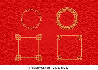 Chinese frame or border set on red background. traditional asian ornaments, golden oriental