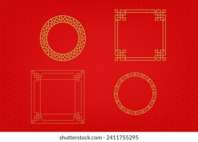 Chinese frame or border set on red background. traditional asian ornaments, golden oriental