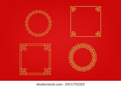 Chinesischer Rahmen oder Grenze auf rotem Hintergrund. traditionelle asiatische Ornamente, goldene orientalische Ornamente