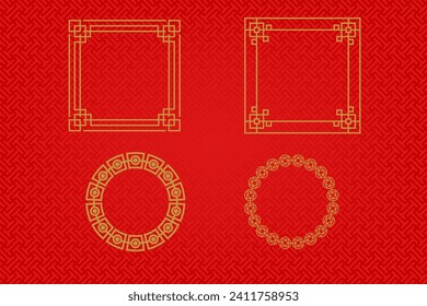 Chinese frame or border set on red background. traditional asian ornaments, golden oriental