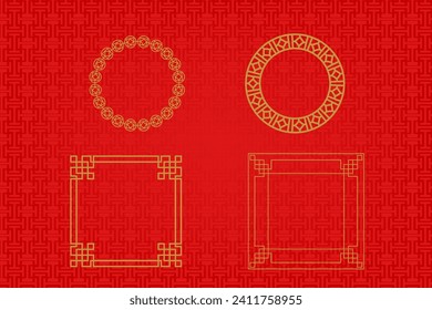 Chinese frame or border set on red background. traditional asian ornaments, golden oriental