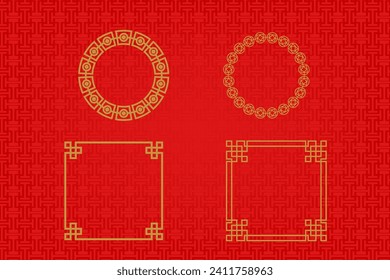 Chinese frame or border set on red background. traditional asian ornaments, golden oriental