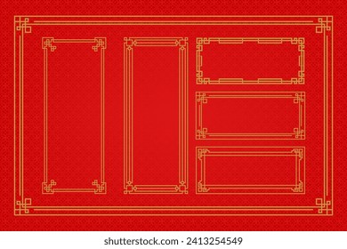Chinese frame or border set on red background. traditional asian ornaments, golden oriental