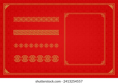 Chinese frame or border set on red background. traditional asian ornaments, golden oriental